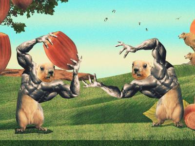 in a surreal park, squirrels with muscular human arms and torsos hand each other huge nuts