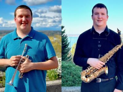 Side-by-side photos of two very similar looking people. The one on the left is Alex, who holds a trumpet. The one on the right is Jordan, who holds a saxophone.