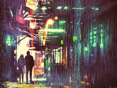 a shadowy night time street scene punctuated by bring splashes of neon. A silhouette of a couple receeds into the distance of the street.