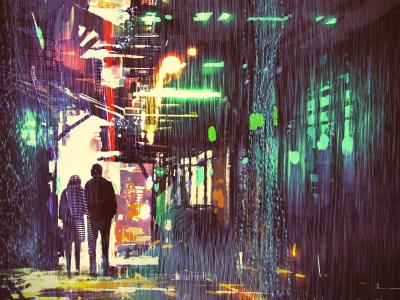 painting of a nighttime city scape from within an alley. Neon reflects from rainy surfaces. Two figures walk in the distance.
