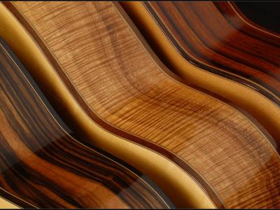 the woodgrained waists of several guitars in a row
