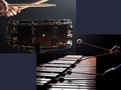 close-up views of a person playing a drum and a person playing marimba