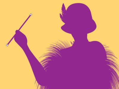 Yellow background with a viloet silhouette of a flapper in a cloche, a cigarette holder held in one hand. 