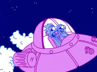 two zany cartoon characters pilot an out-of-control flying saucer