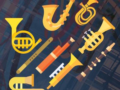 variety of illustrated brass wind instruments on a dark, faded plaid background