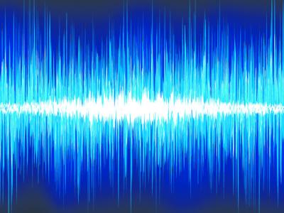 A sound wave radiates in blue across a dark background