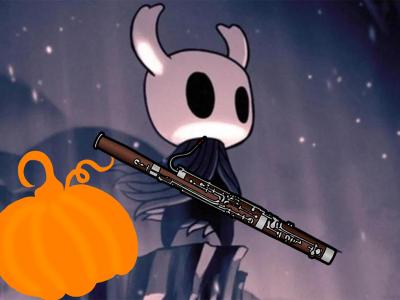 a bassoon-wielding skull-headed horned little demon thing stands on a cliff near a pumpkin