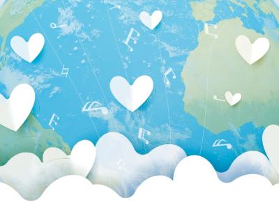 white heart shapes and lines of music notes float up from fluffy clouds. The background is a side view of the earth.