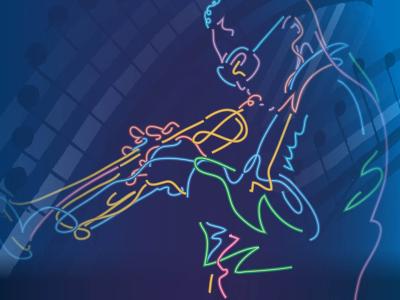 neon outline gesture drawing of a trumpet player with sunglasses on, a ribbon of music notes waving in the background