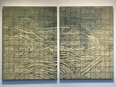 side by side textured canvases with an organic grid pattern and detailed rectalinear abstract shapes within the grid.