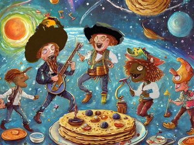 Illustration: Zany pirates dance and play instruments around a giant pancake stack. Planets and stars whirl in the sky.