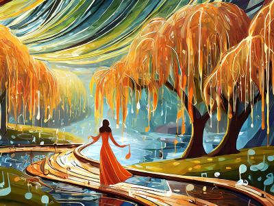 dreamy, artistic scene: a woman in a dress on a boardwalk over water between weeping willows. Rain forms into music notes