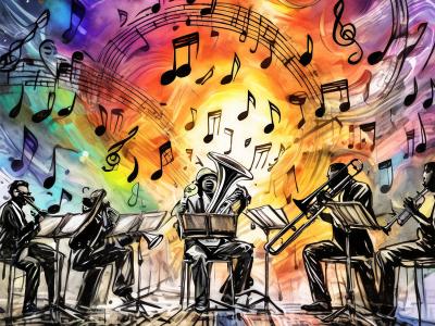 painted sketch: backlit brass ensemble playing expressively on a wood stage, colorful lighting and music notes behind them