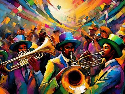 colorful painting of people playing brass instruments in a crowd