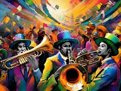 colorful painting of people playing brass instruments in a crowd