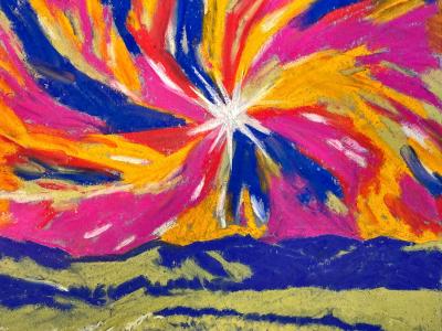 oil pastel art: grassy field, hills in the distance, bright swirling starburst filling the sky