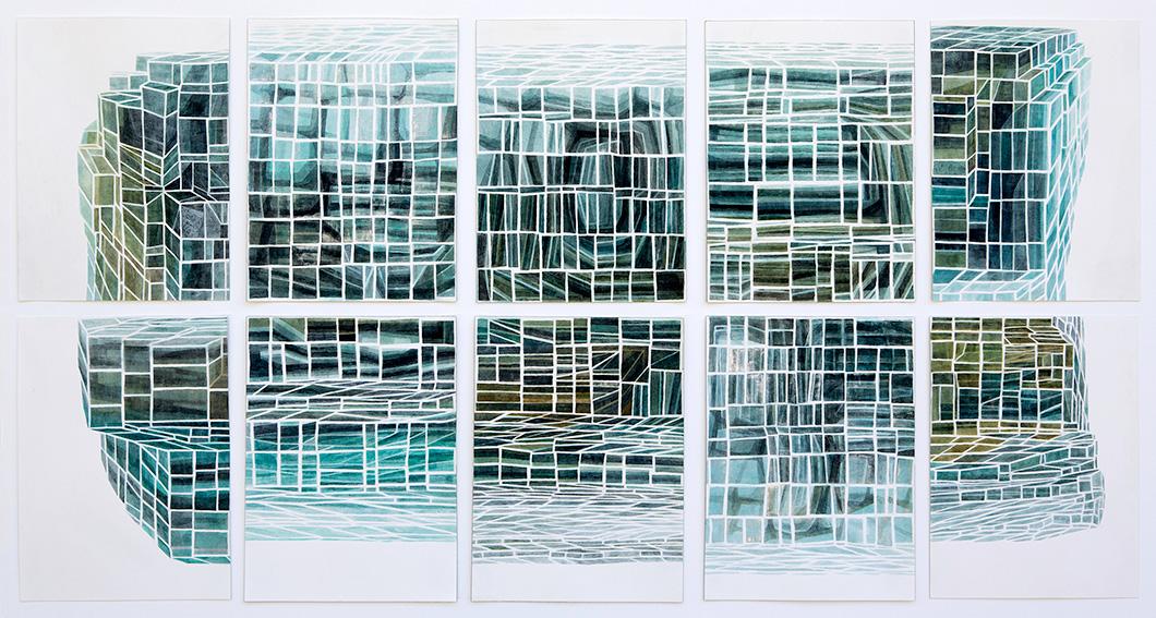 Cynthia Camlin | Water Fragment, 1-10, ink, watercolor and vinyl polymer emulsion on paper panels, 12 inches x 9 inches each. Image courtesy of the artist.