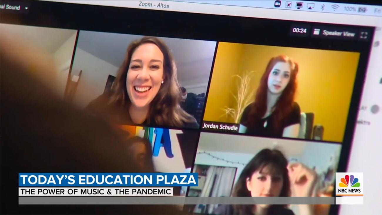 screenshot of newscast with choir students and choir instructor on Zoom call