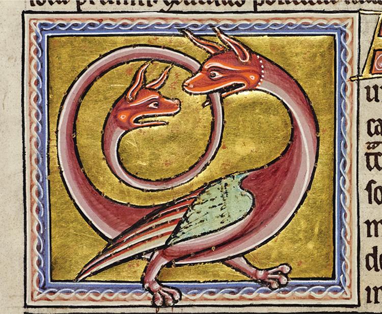 medieval monster with two heads, one biting the other on the neck
