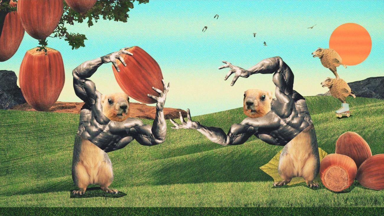 in a surreal park, squirrels with muscular human arms and torsos hand each other huge nuts