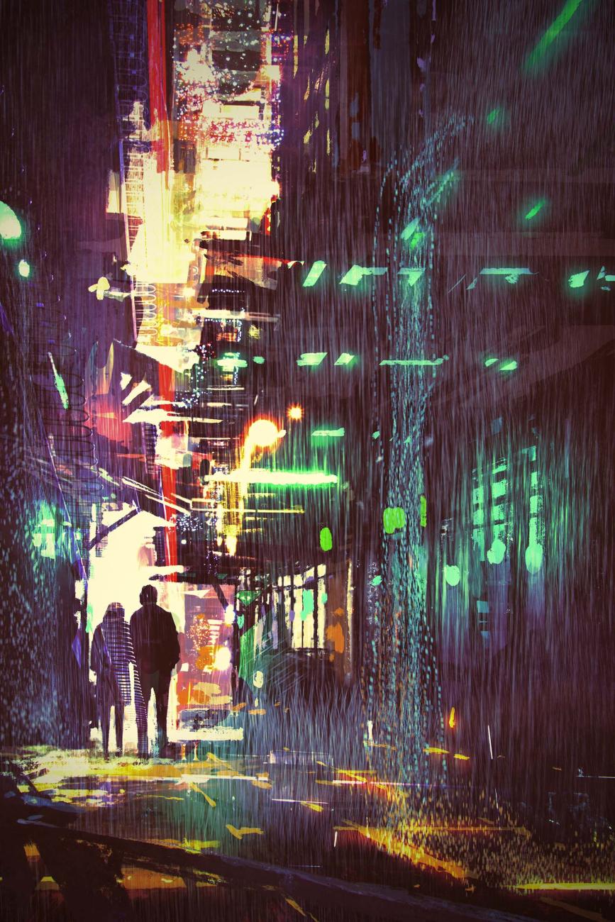a shadowy night time street scene punctuated by bring splashes of neon. A silhouette of a couple receeds into the distance of the street.
