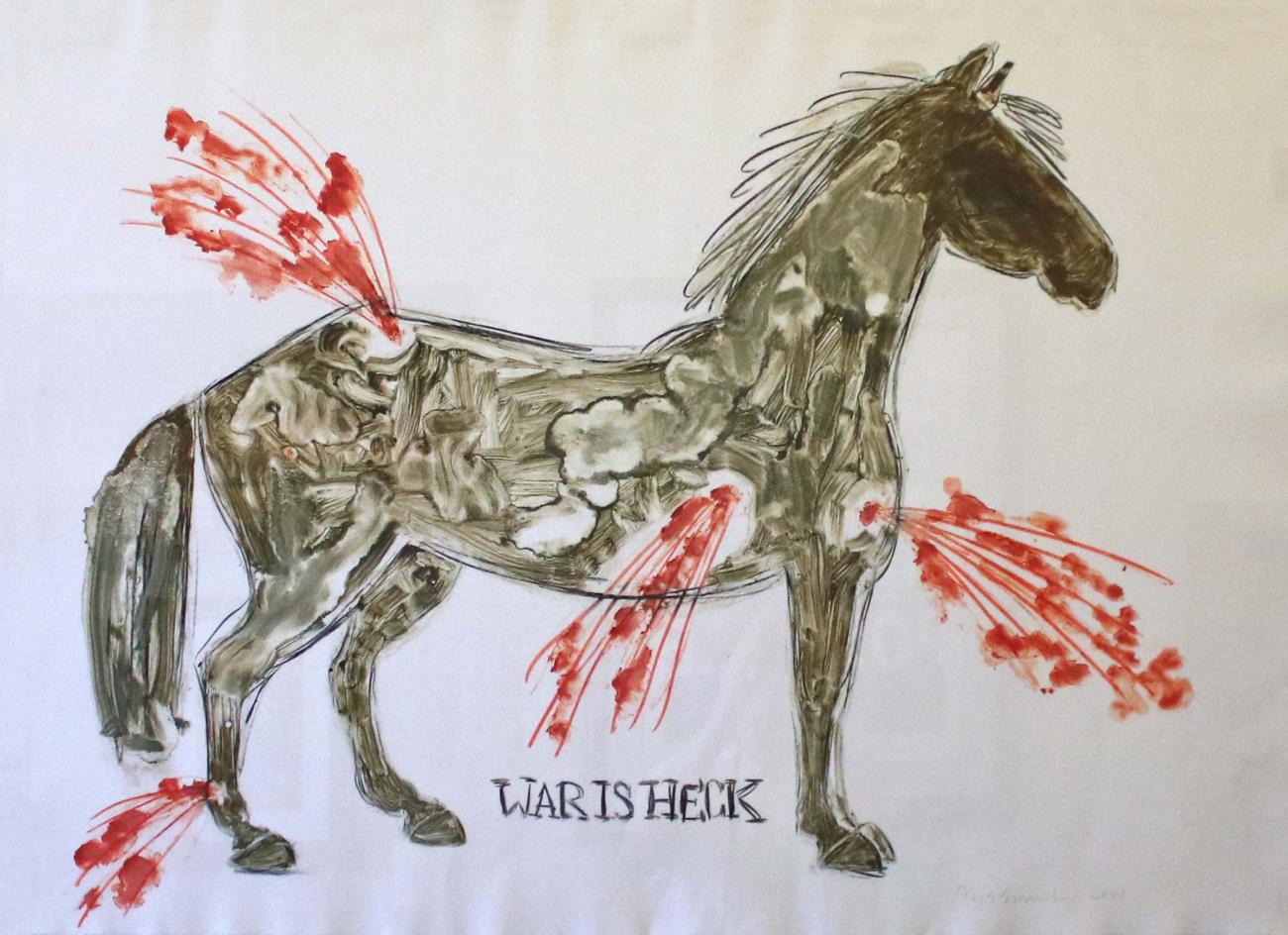 a painting of a horse by an indigenous artist. Stylistically similar to paleolithic drawings. Red splashes evoke erupting wounds. "war is heck" written on it.