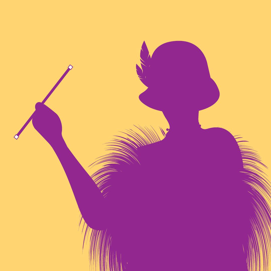 Yellow background with a viloet silhouette of a flapper in a cloche, a cigarette holder held in one hand. 
