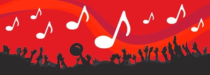 white music notes on a red wavy background over sillhouetted raised hands