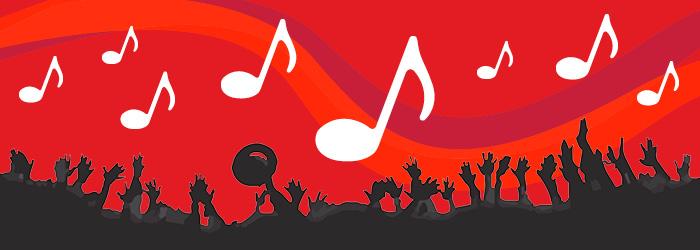 music event. White music notes on a red background with a silhoutted crowd at bottom.