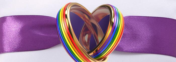 Two rainbow rings intertwined in the shape of a heart, in front of purple ribbon