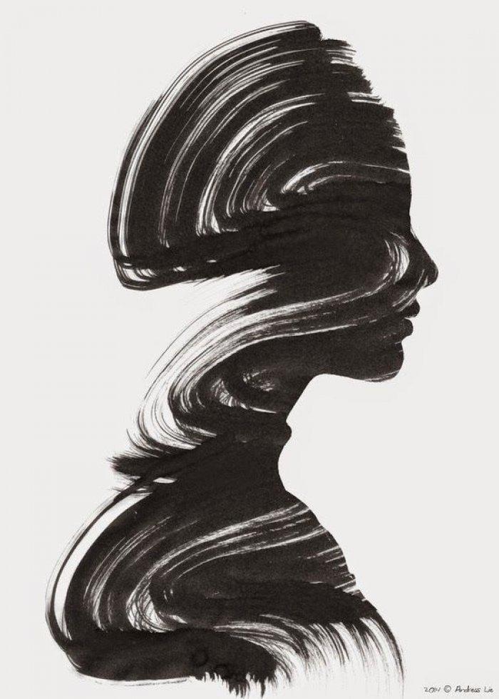 Black brush strokes form the profile of a woman's head and shoulders