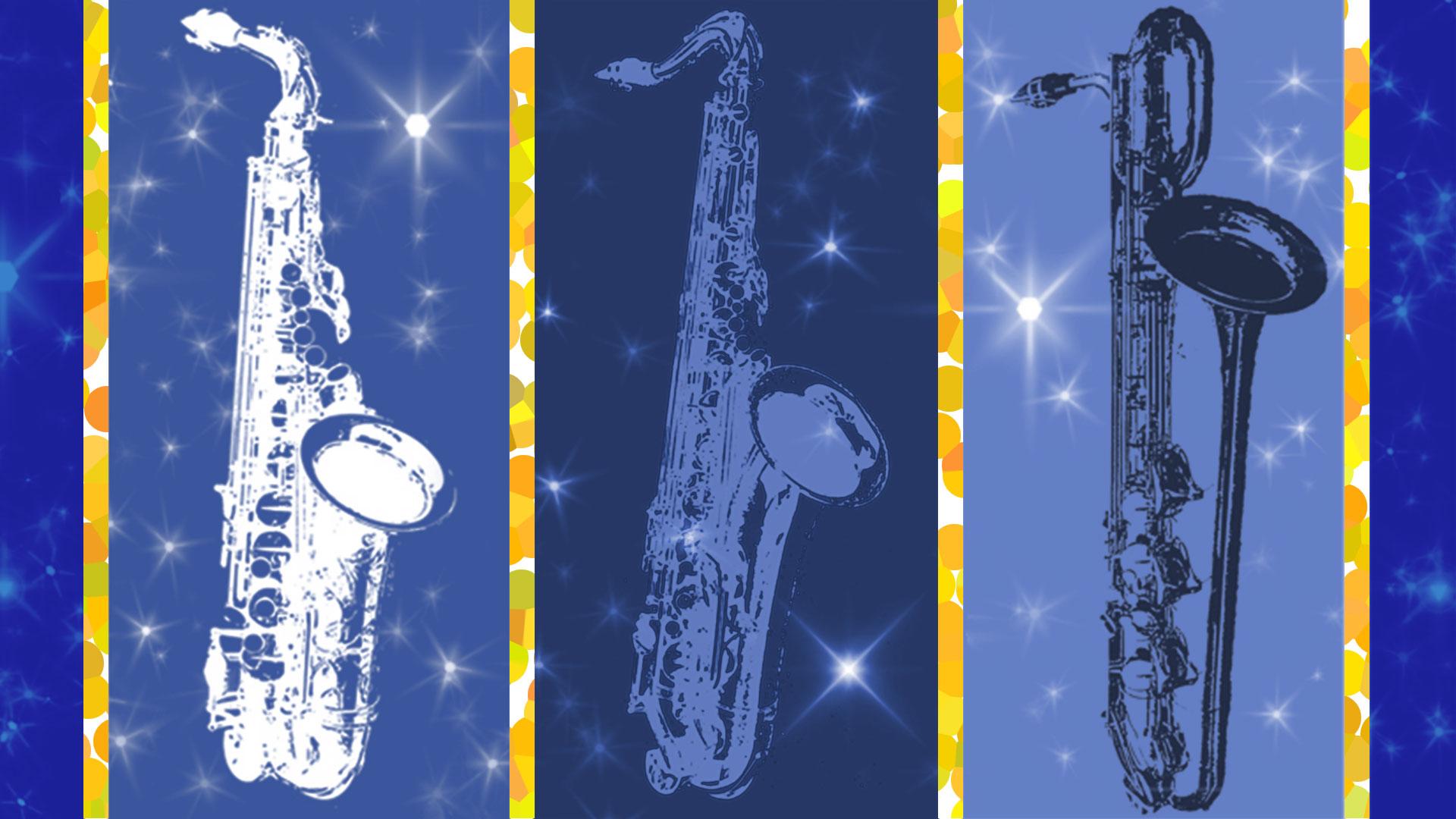 illustration of 3 saxophones on blue background with sparkles