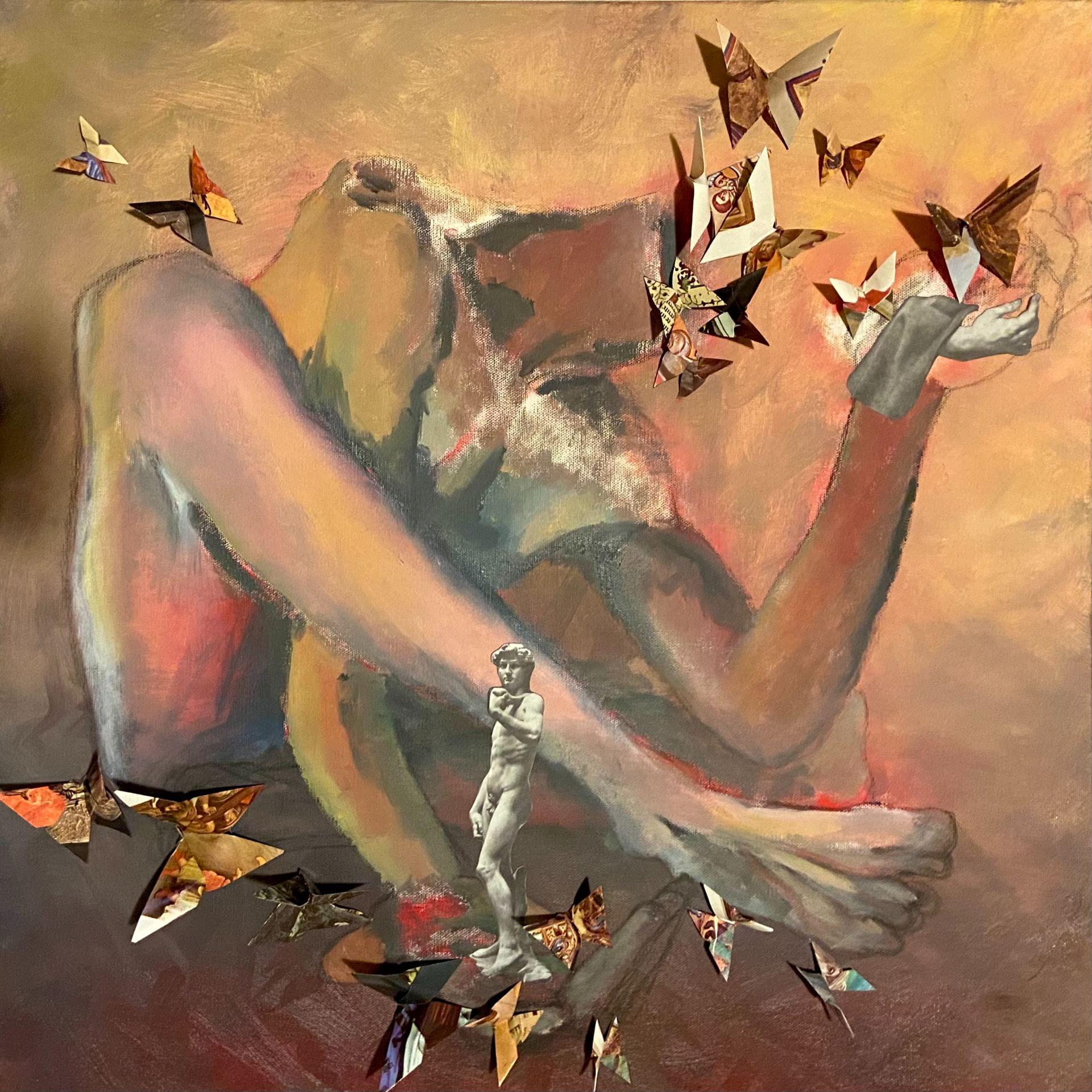 Surreal painting of a body seated with legs loosely crossed. One arm threaded under a leg holds a statue of David in the hand. The other arm, resting on a knee, holds up the hand from a statue. A group of butterflies replaces the body's head, and circles around each hand.