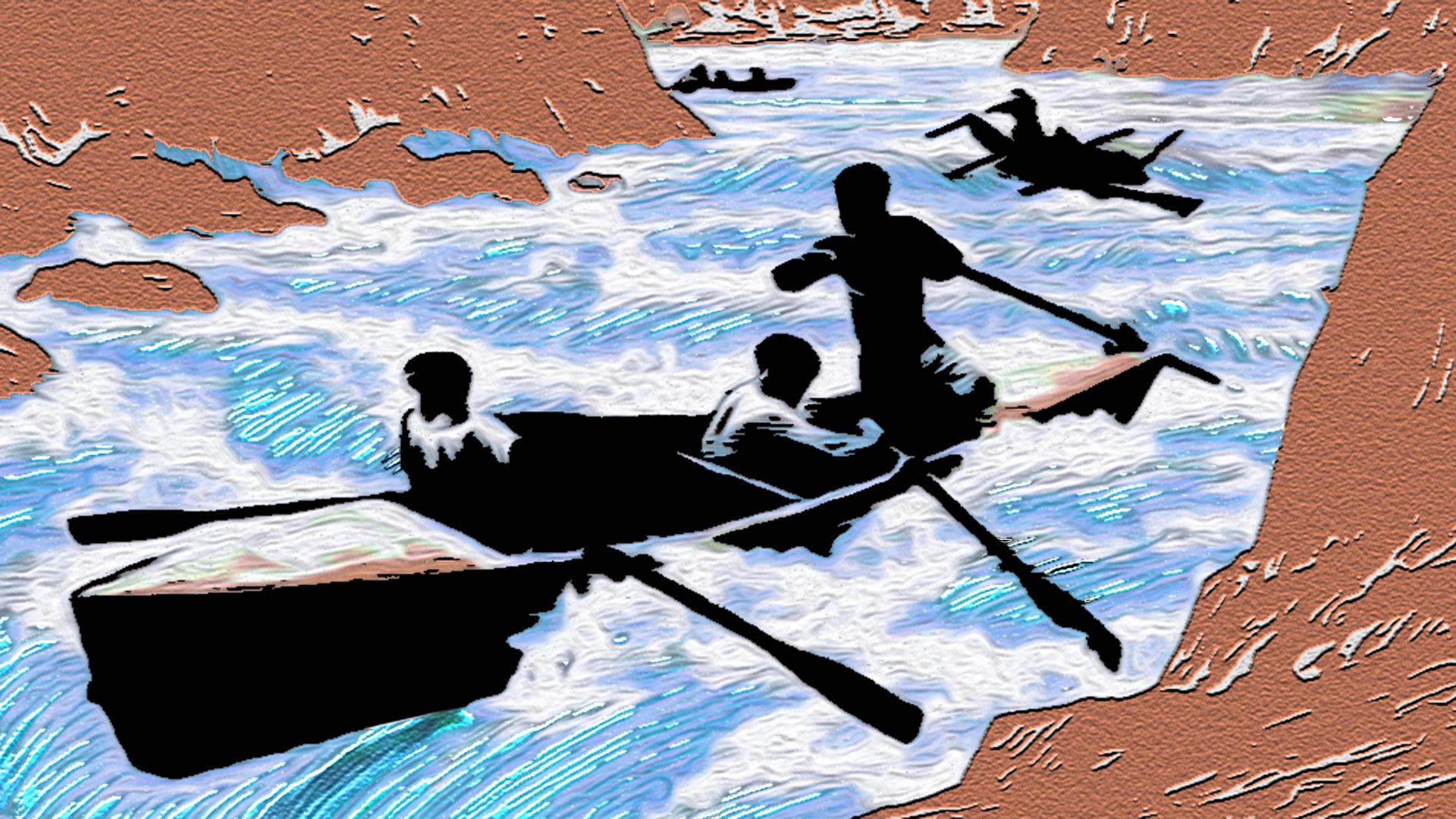 Colored illustration showing 3 canoes rowed by men in white water conditions through a winding canyon