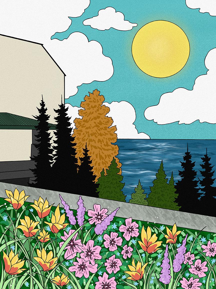 illustrated view of the bay from Western's PAC plaza on a sunny day, with fluffy clouds in the sky and spring flowers in the forefront
