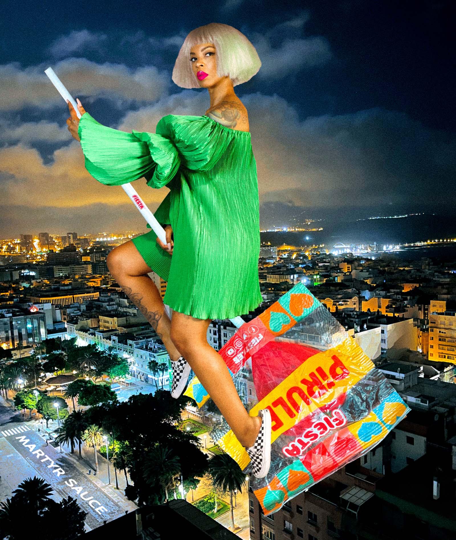 person in a blonde bob hairdo and bright green baby doll dress rides a lollipop like a broom over a neon landscape