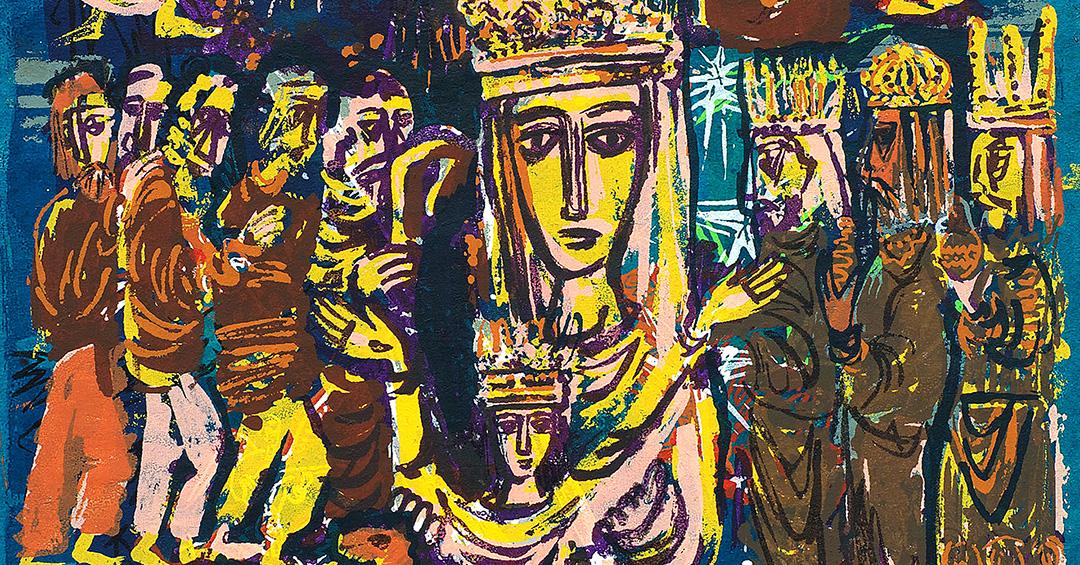 sketch-style painting of people and Medieval European kings lined up around a queen