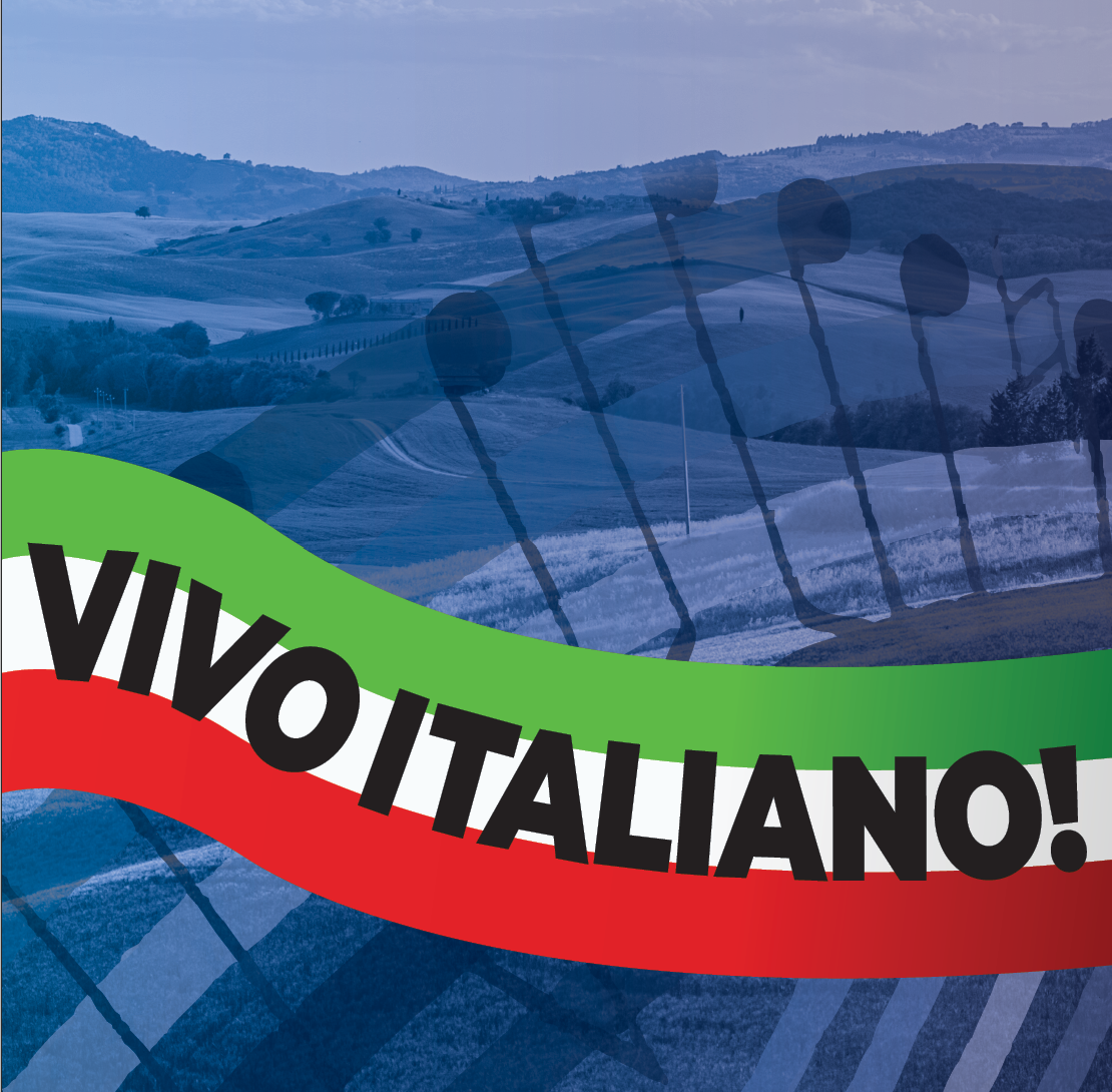 A ribbon in the colors of the Italian flag waves across a blue Italian landscape with word Vivo Italiano!