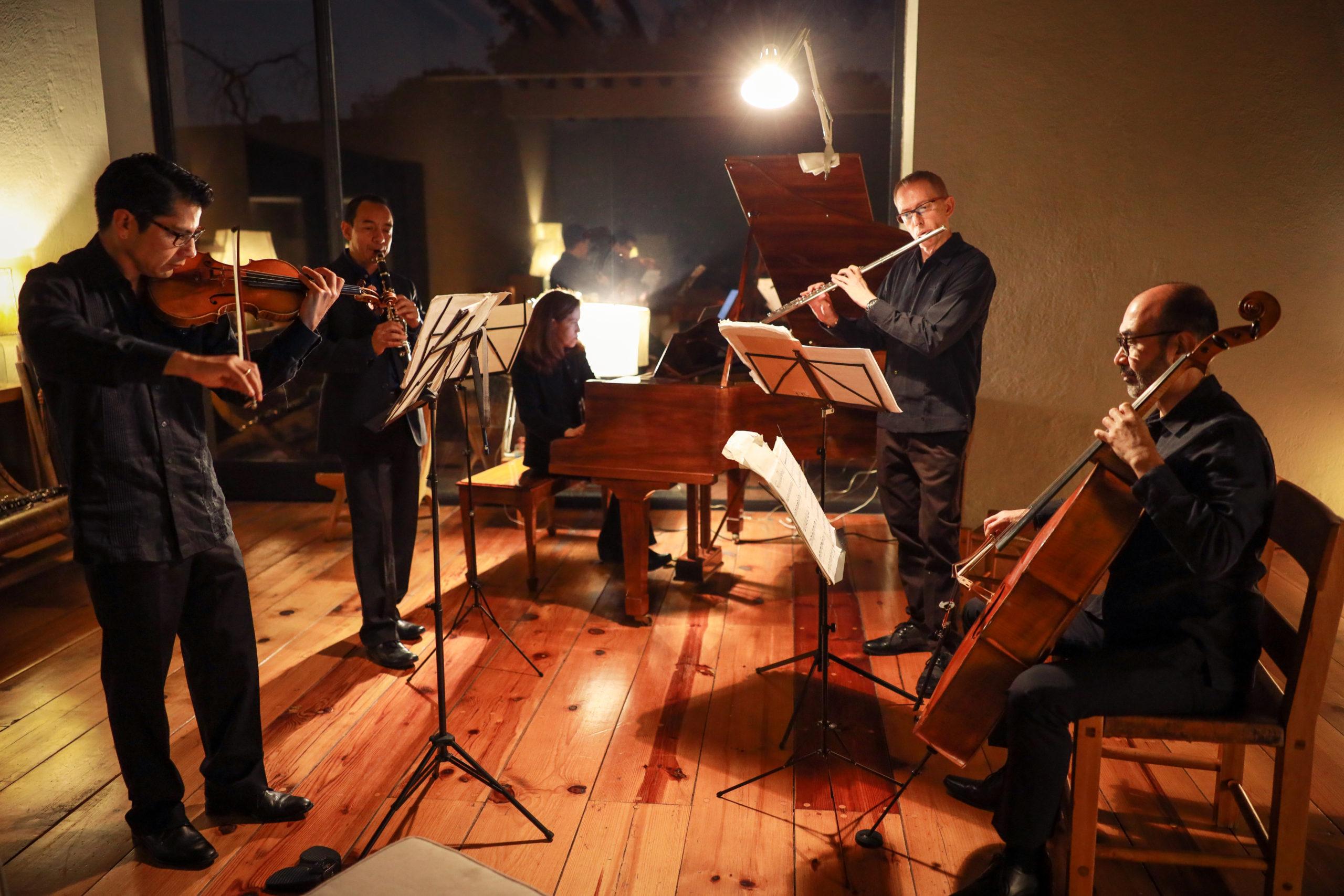 five chamber musicians performing