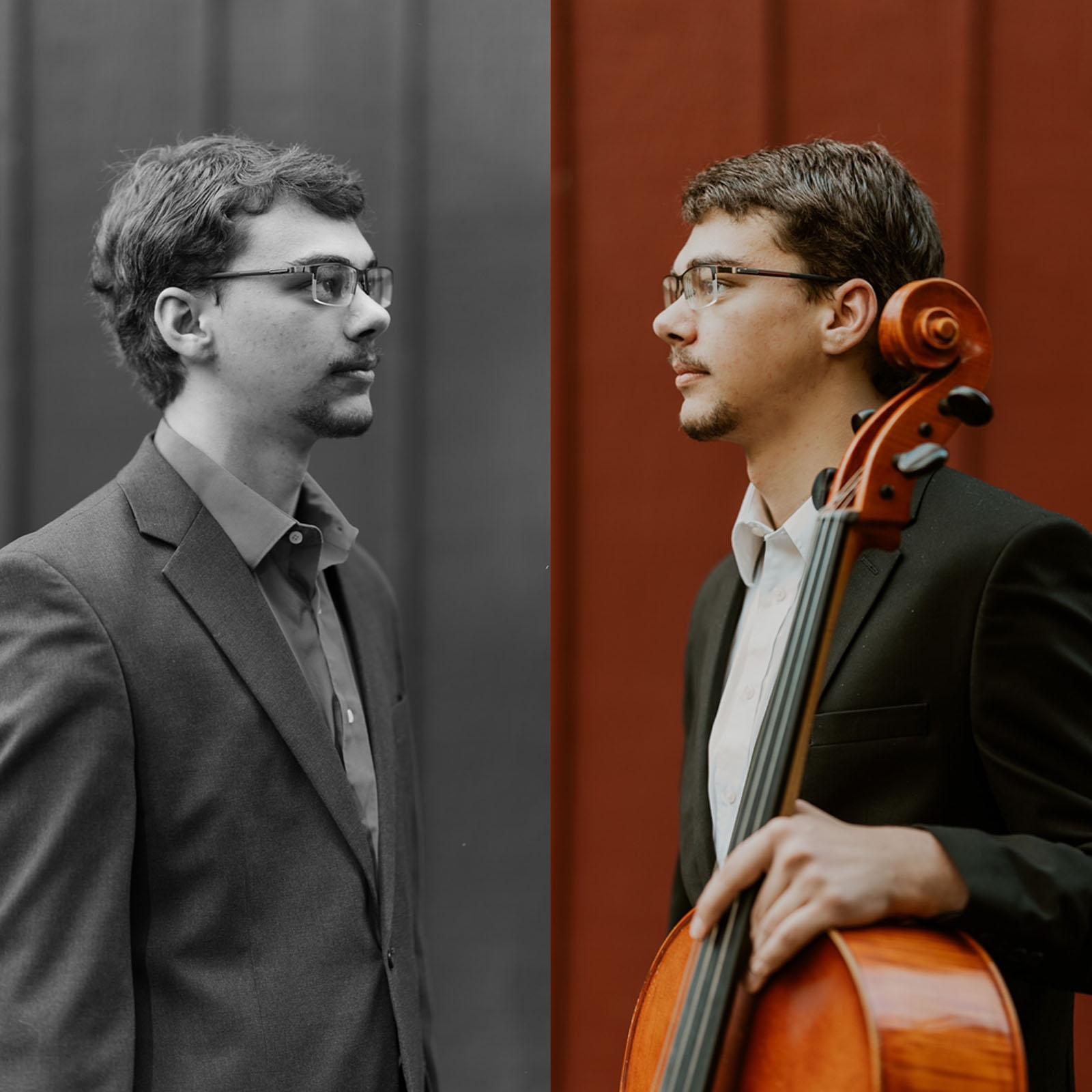 an almost mirror image of a person with glasses facing themselves, one side is black and white, the facing version is color. The color version holds a cello, the black and white version is empty-handed.