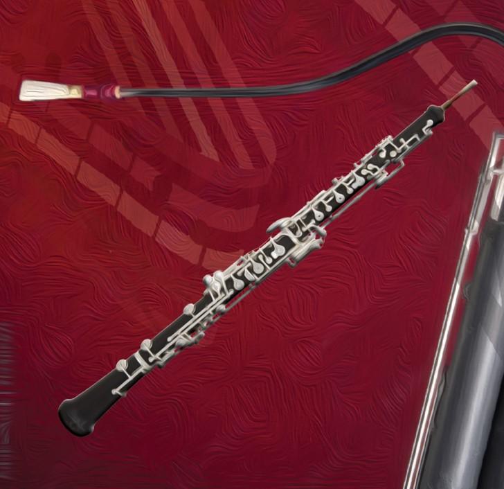 thickly painted oboe and the top of another reed instrument on a textured red background