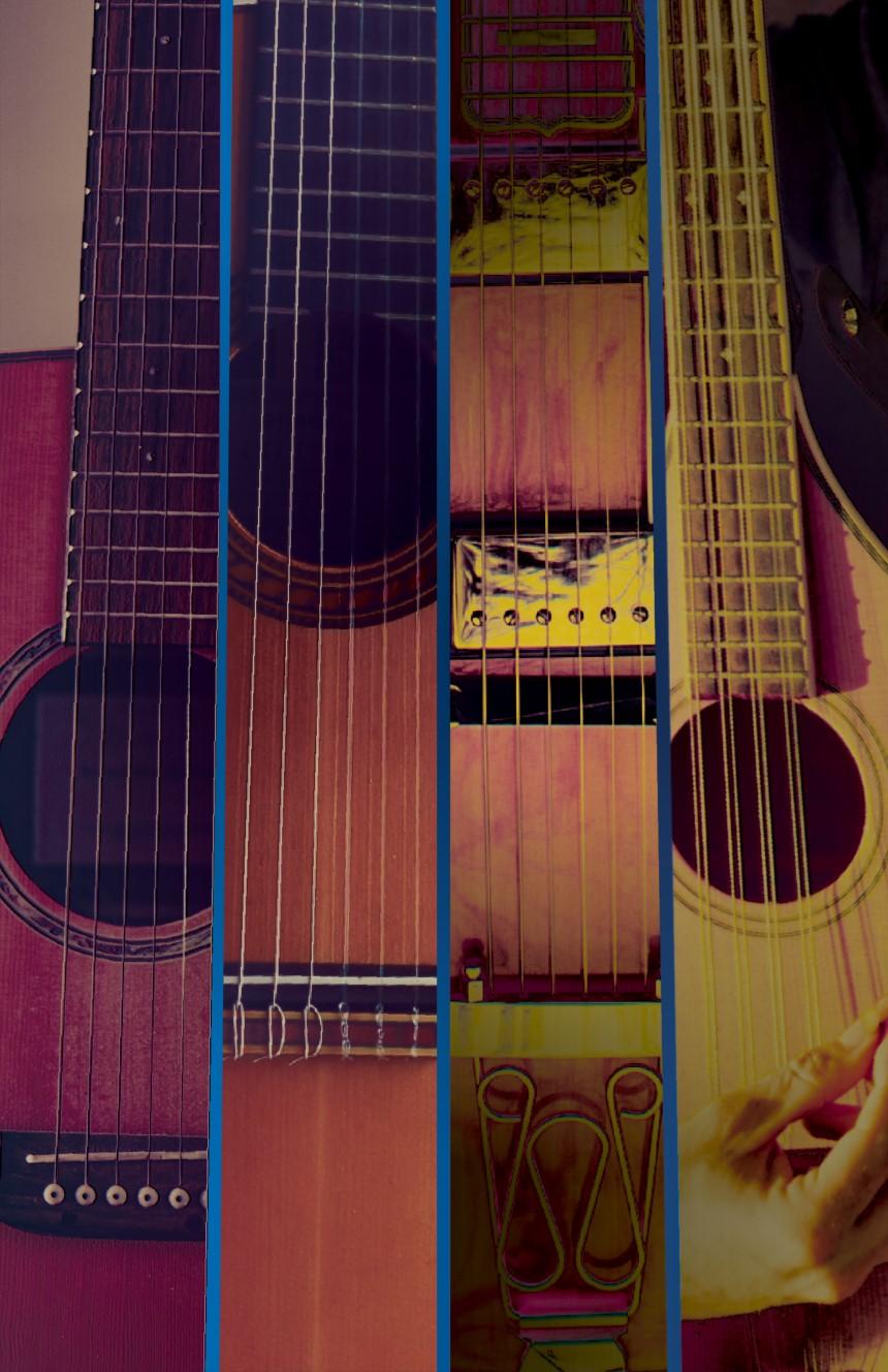 collage of different kinds of guitar, mandolin, and similar strings side by side.
