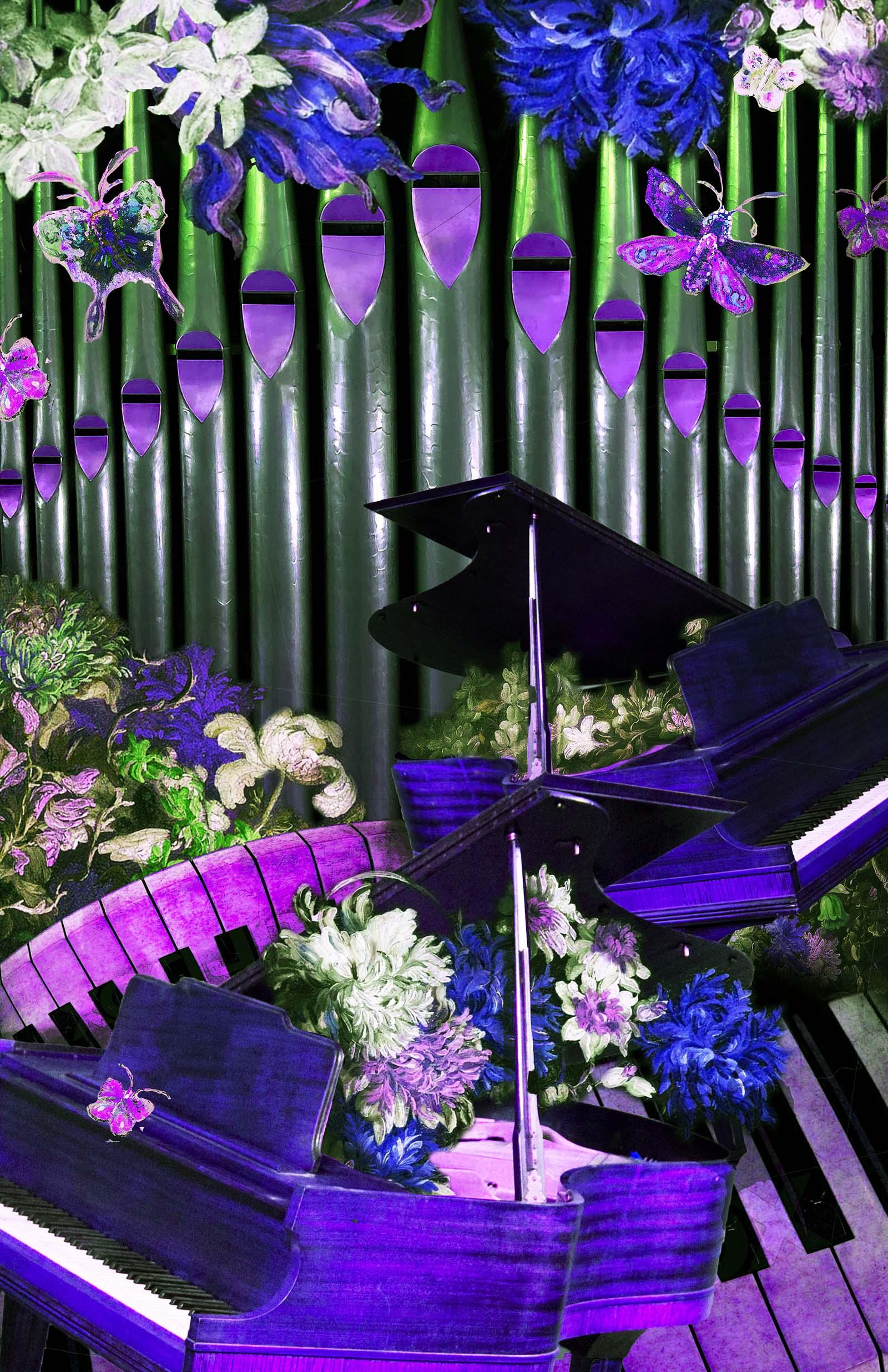 blue and purple saturated overlay of flowers and organ pipes