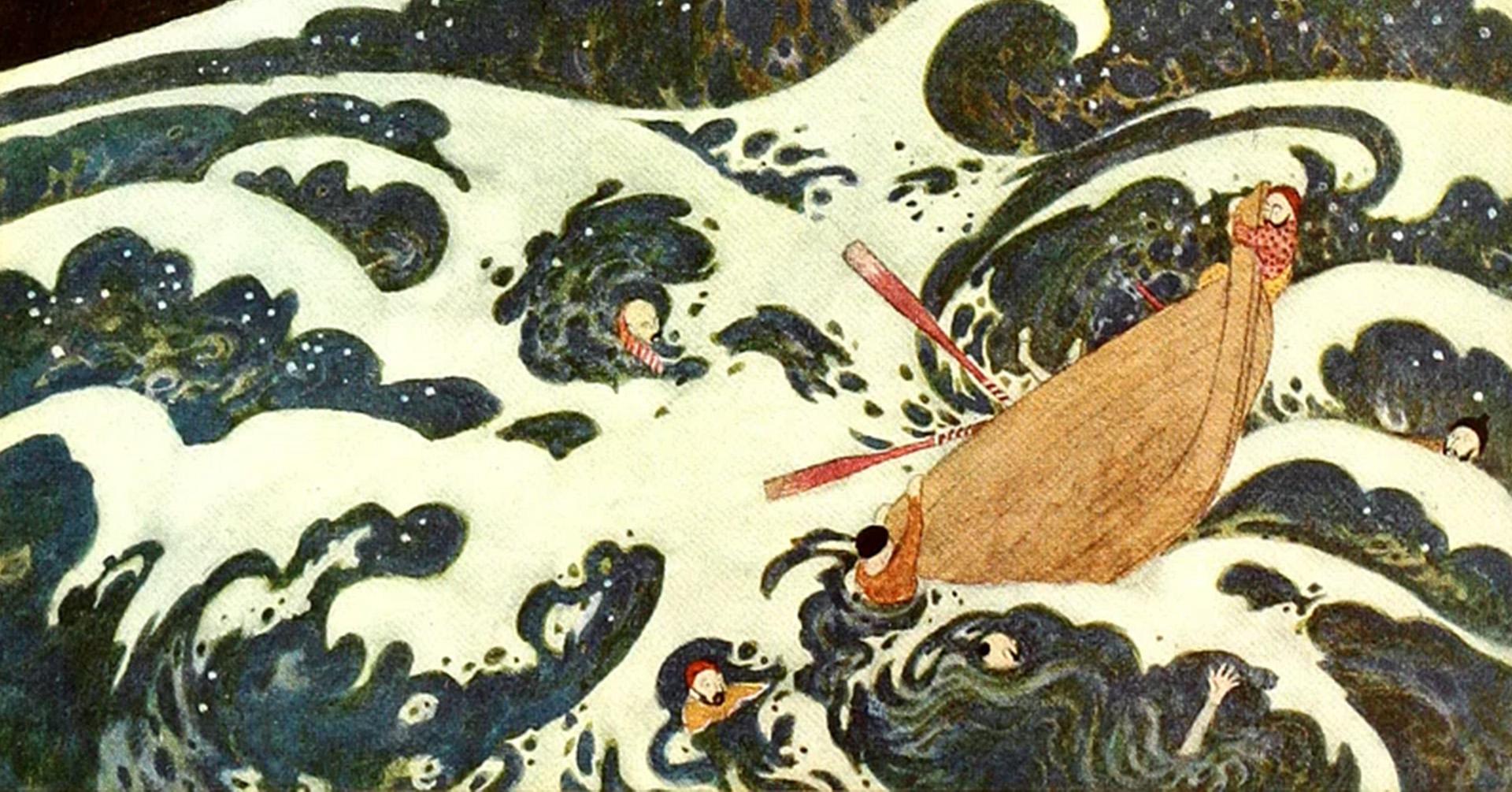 illustrations of boats being consumed by the angry sea