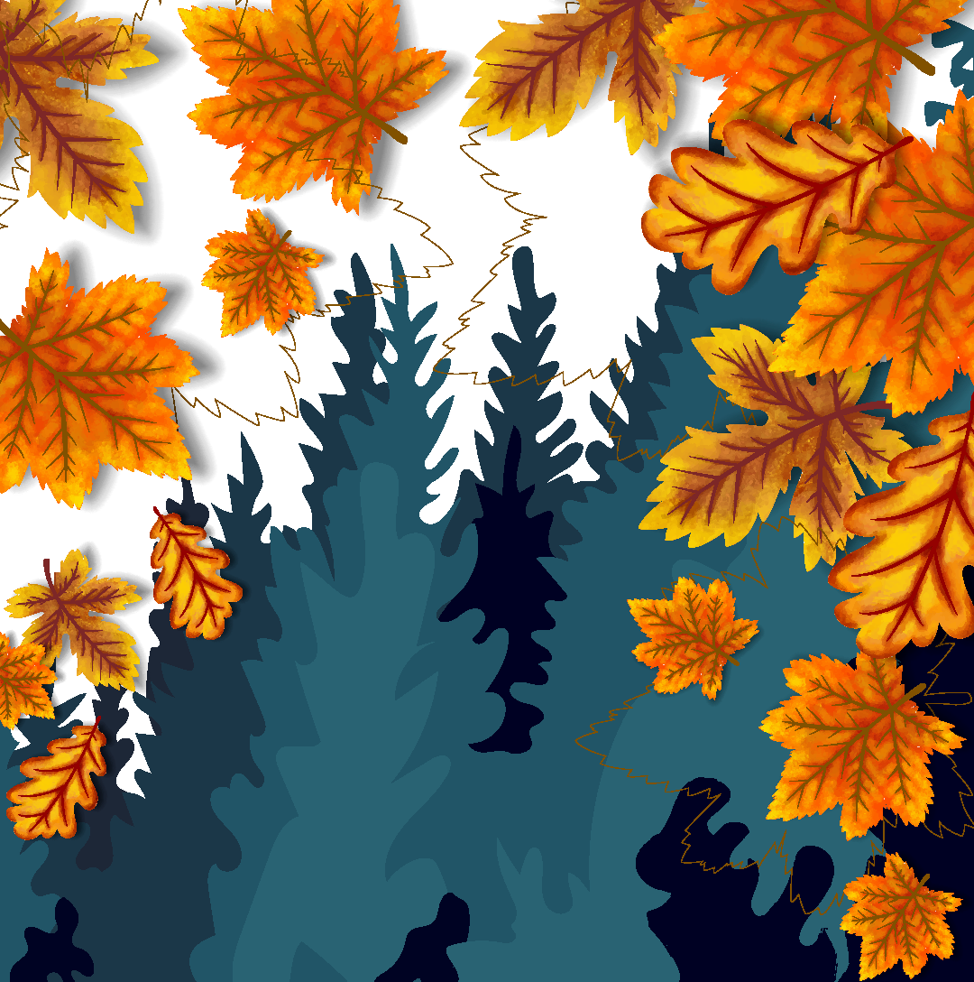 illustrated autumn oak leaves falling over evergreen trees