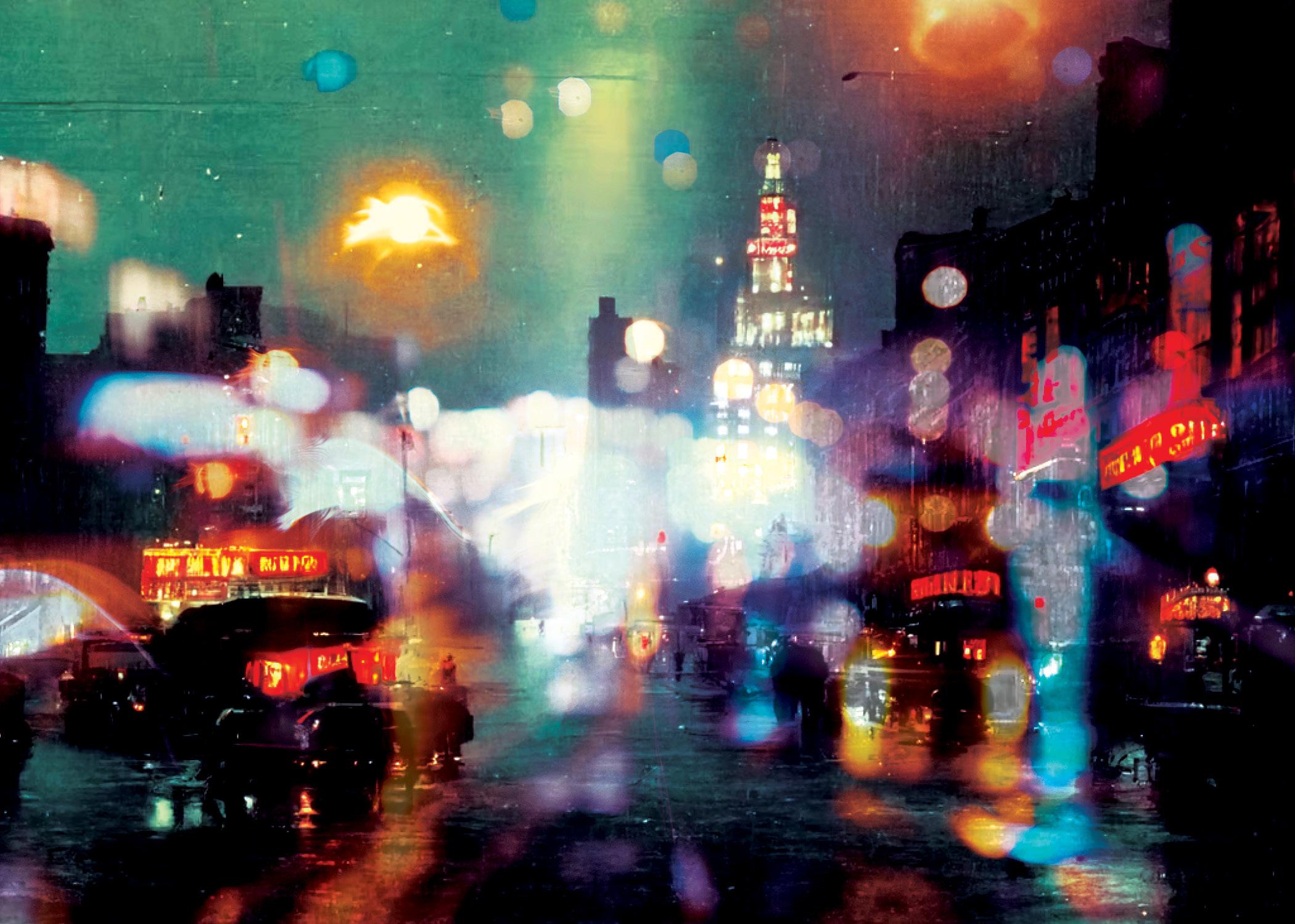 grainy, blurry, colorful image: city lights glow and reflect on a rainy street scene