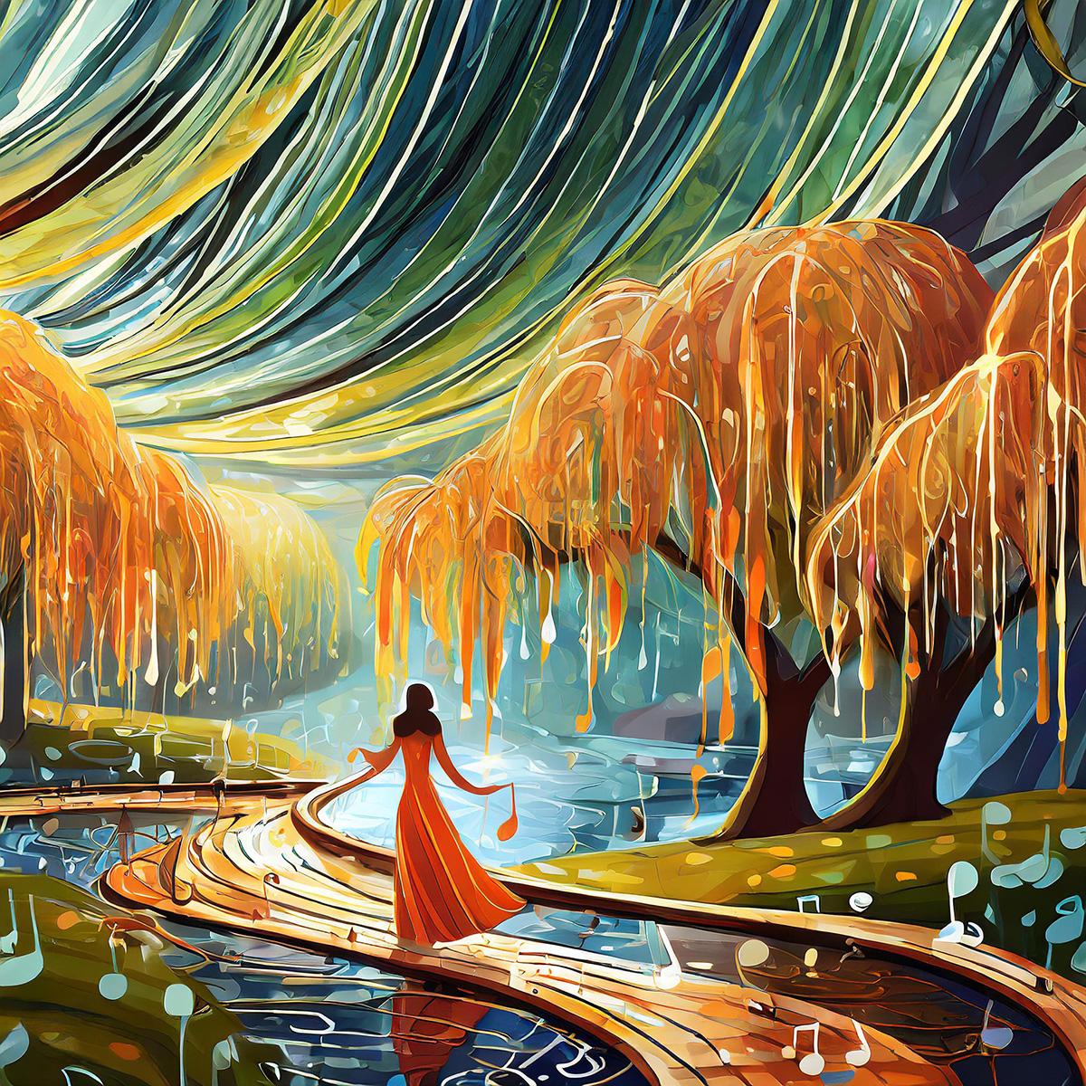 dreamy, artistic scene: a woman in a dress on a boardwalk over water between weeping willows. Rain forms into music notes