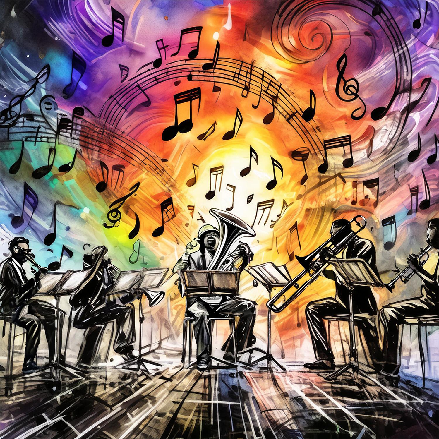 painted sketch: backlit brass ensemble playing expressively on a wood stage, colorful lighting and music notes behind them