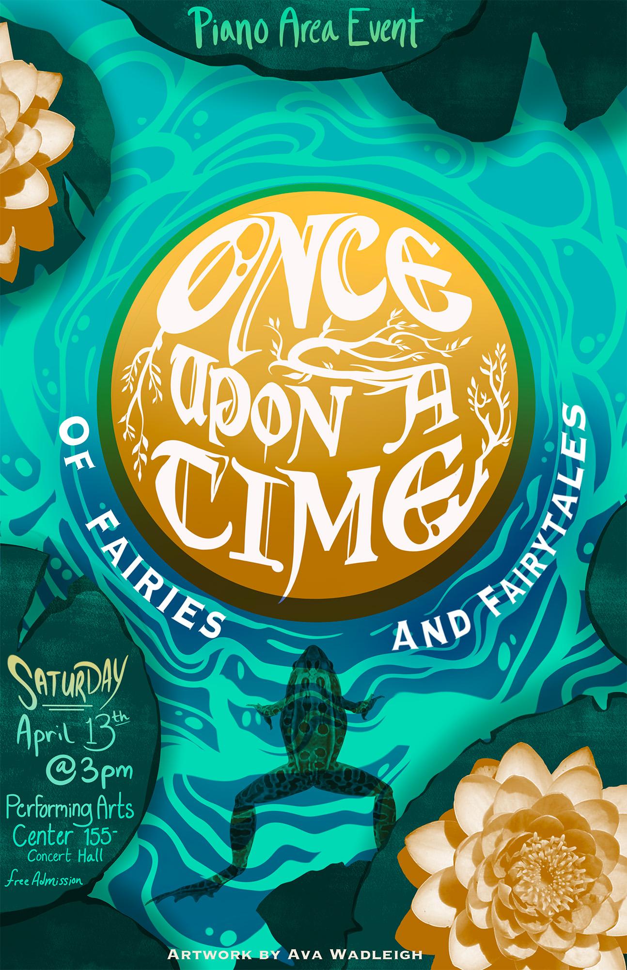 organic typographic title Once Upon A Time fills a ball in an illustrated body of water with lily pads and a frog