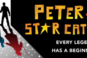 Dark silhouettes in a doorway; the cast shadow includes stars. The silhouettes' shadows are in color and reveal specific features of the show's Neverland characters. Text to the right says "Peter and the Star Catcher: Every Legend Has a Beginning"